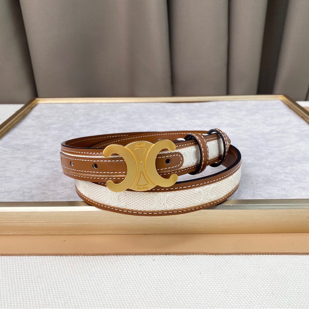 CELINE Triomphe Canvas and Leather Belt (White/Brown) - Complete Set with Box